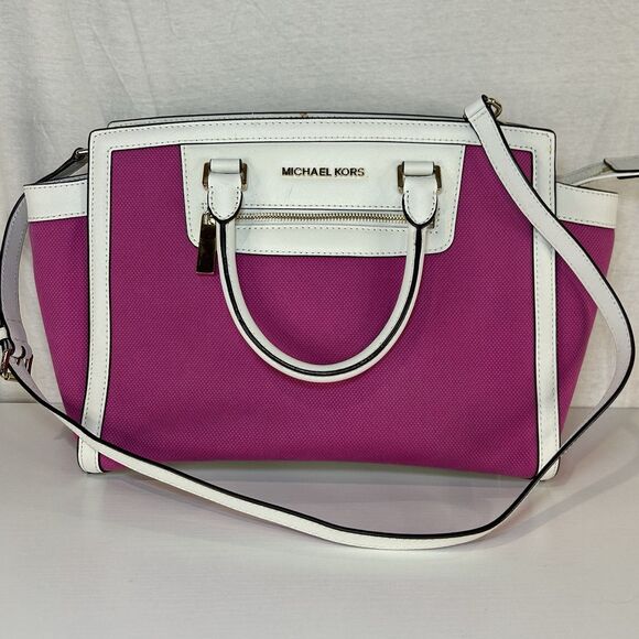 MICHAEL KORS Fuschia White Leather Selma Satchel Purse Long Strap & Dbl. Handles - Picture 1 of 16
